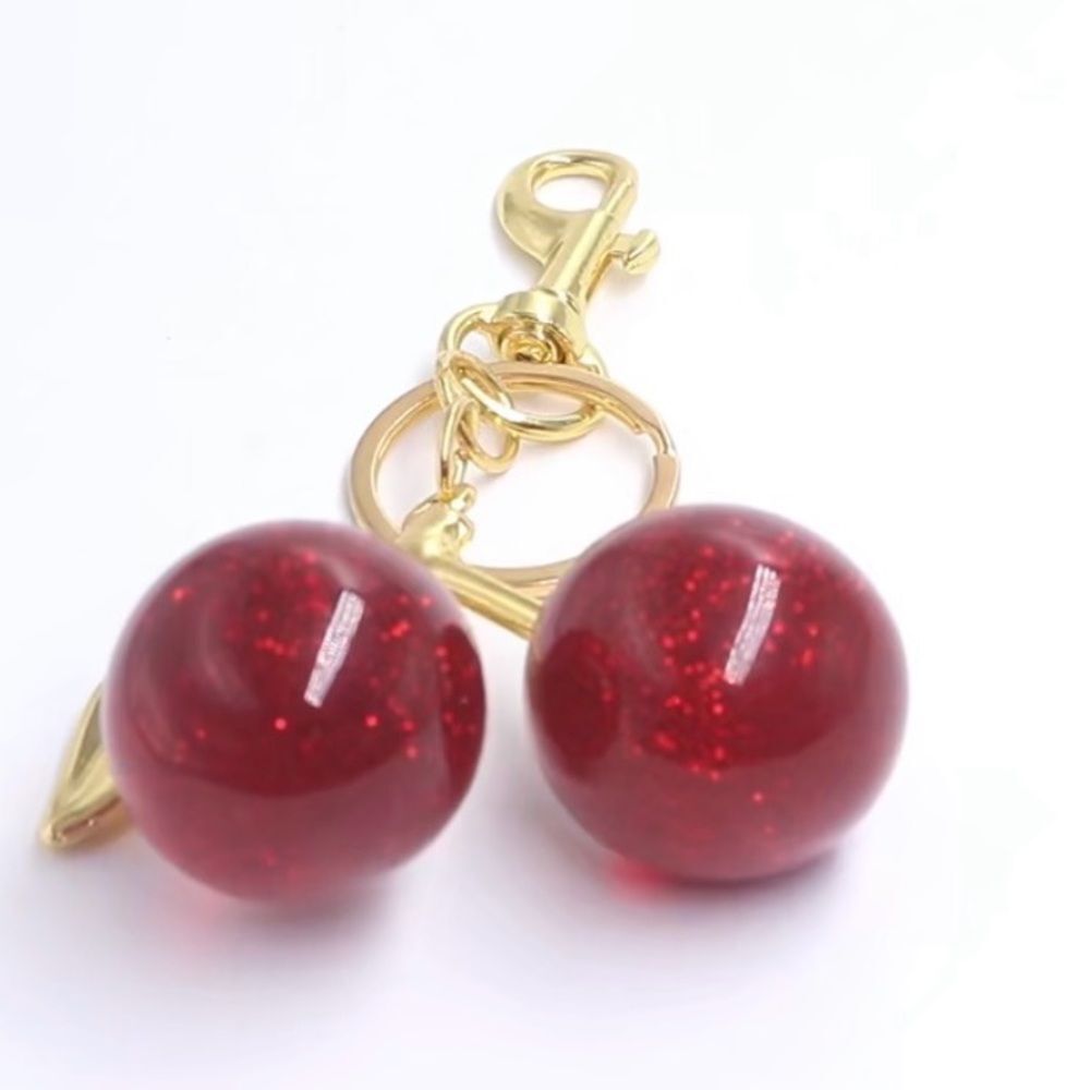 NEW! Gold Keychain Large  Red Glitter Resin Cherry Charms